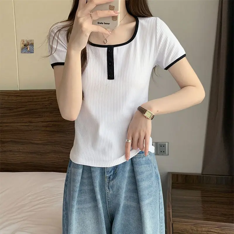 Women Summer Simplicity Elegant Slim Solid Color Square Collar Short Sleeve T-Shirt Women Clothes Casual All-match Trend Top Tee