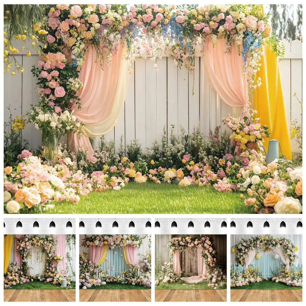 

Spring Easter Backdrop Photography Floral Stand Curtain Flowers Grass Land Kids Portrait Wedding Party Photo Background Studio