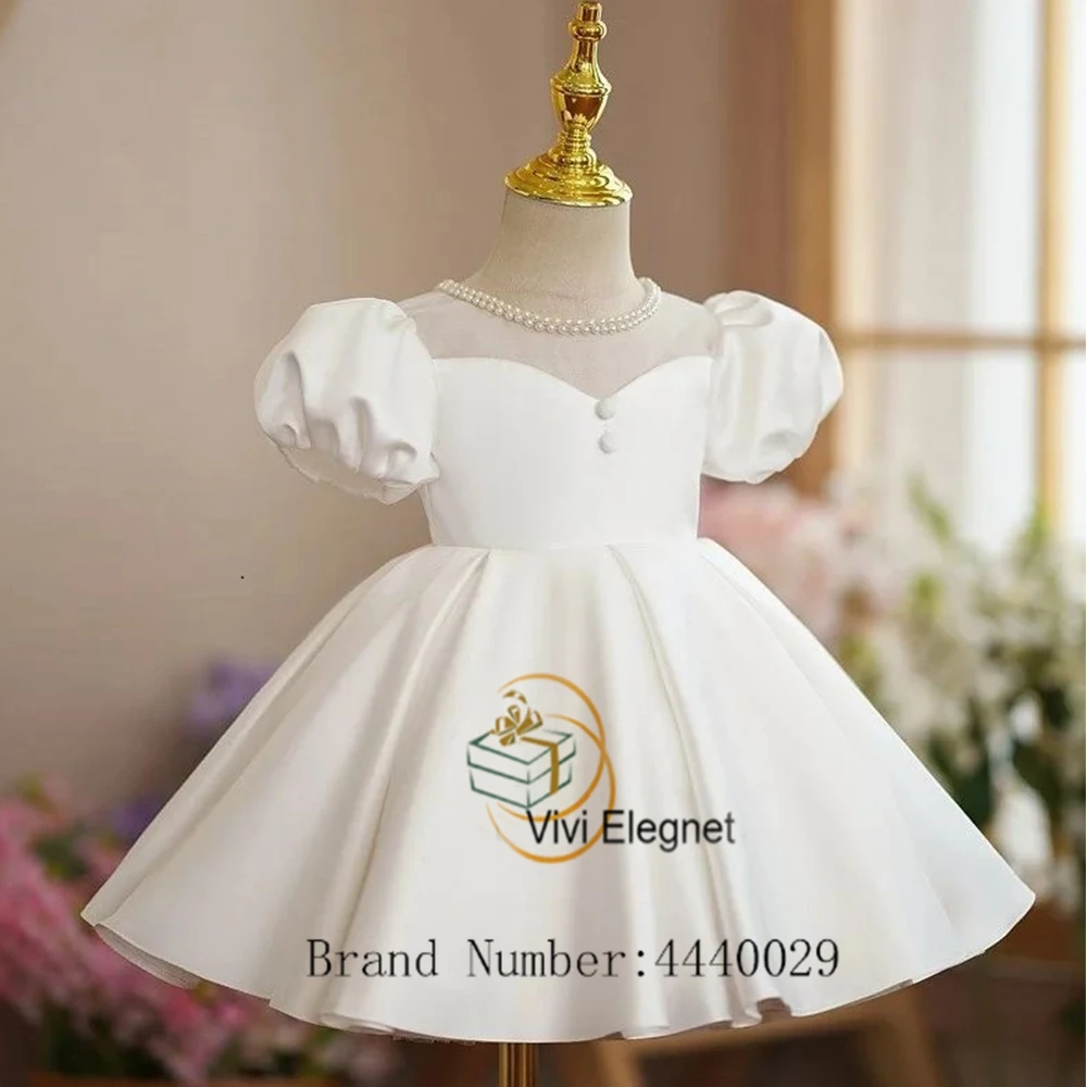 Cream Scoop Flower Girl Dresses Short Sleeve Satin Knee Length Wedding Party Gowns 2023 Summer New Beading فساتين للحفلات الراقص