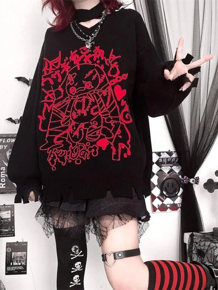 

QWEEK Gothic Harajuku Kawaii Black Sweater Women 2024 Autumn Japanese Goth Cute Cartoon Print Pullovers Knitteed Long Sleeve Top