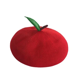 Adult Red Apple Spring Auntumn Breathable Knit Beret Fruit Painter Hat Female Bonnet ﻿Creative Gift