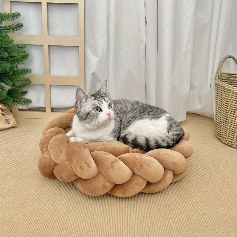 

Hand-woven cat and dog beds, creative machine washable round universal high-end dog beds and pet beds