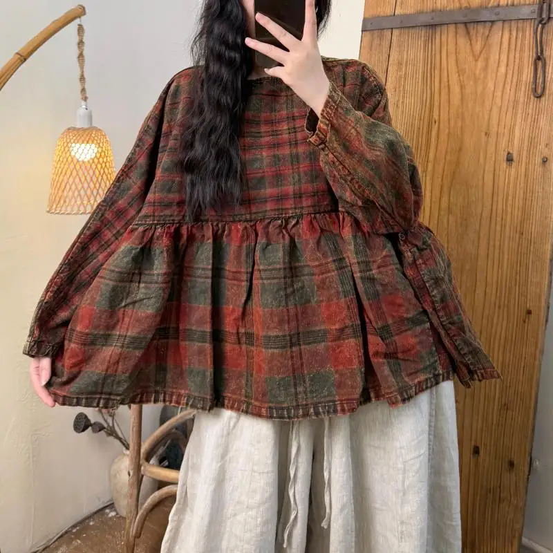 

Новая весенне-осенняя женская свободная повседневная футболка в стиле искусства с длинным рукавом и круглым вырезом, винтажные клетчатые хлопковые льняные топы, футболки хорошего качества