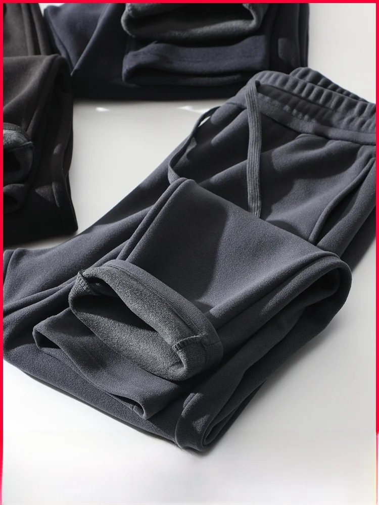 

Men's Thiened Woolen Silk Velvet Straight Leg Casual Pants Autumn Winter Warm Elastic Waist Pure Color Leisure Trousers