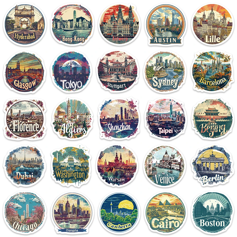 50pcs Vinyl Laptop Decals Aesthetic Cartoon World City Landmark Stickers For luggage Guitar Phone Diary Waterproof Sticker