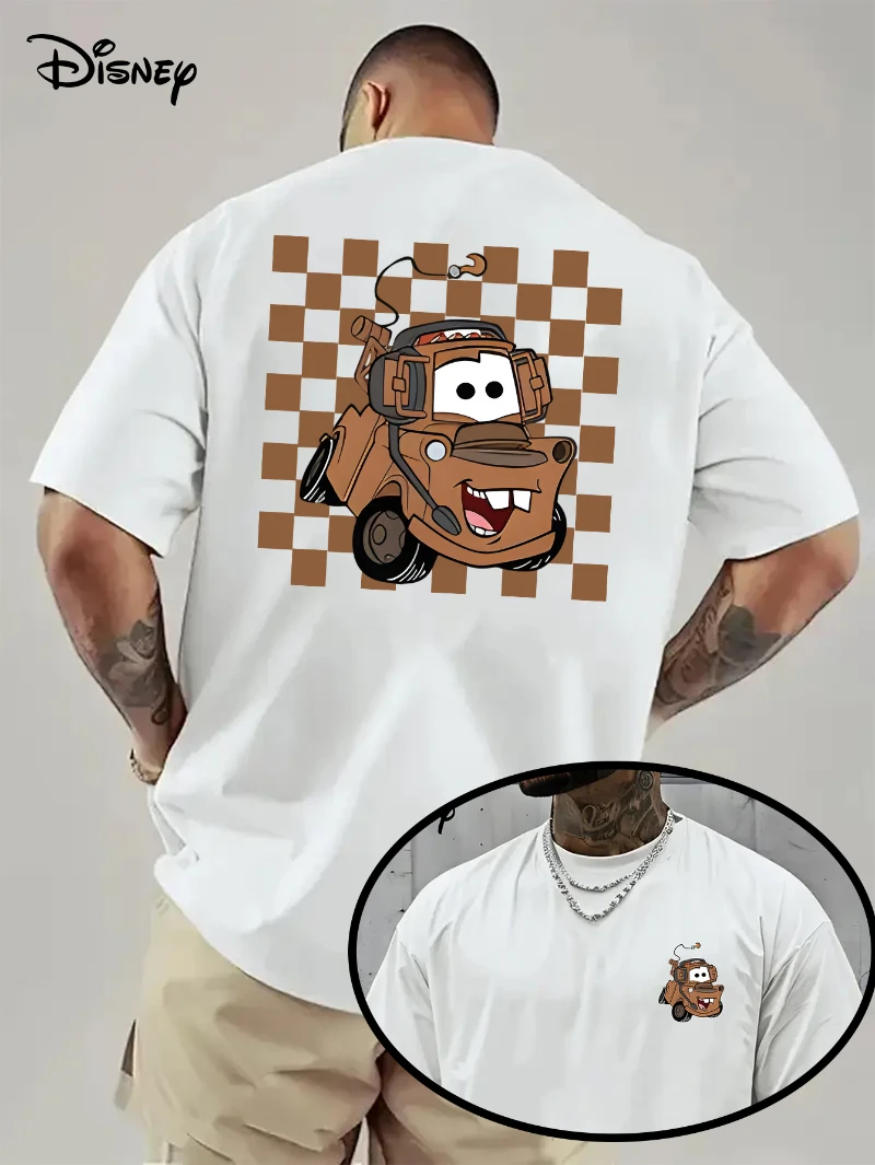 

Футболка Disney Cars в стиле ретро в шахматном порядке, свободная мужская футболка из чистого хлопка с короткими рукавами, летний топ с короткими рукавами и круглым вырезом