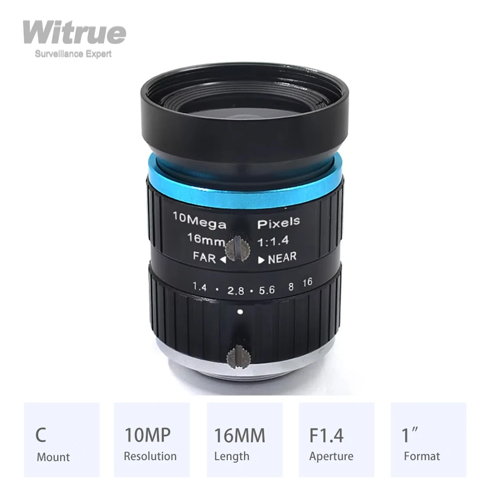 

Witrue HD 4K Lens 10MP 16mm C Mount Low Distortion Aperture F1.4 Format 1" for Machine Vision CCTV Security Cameras