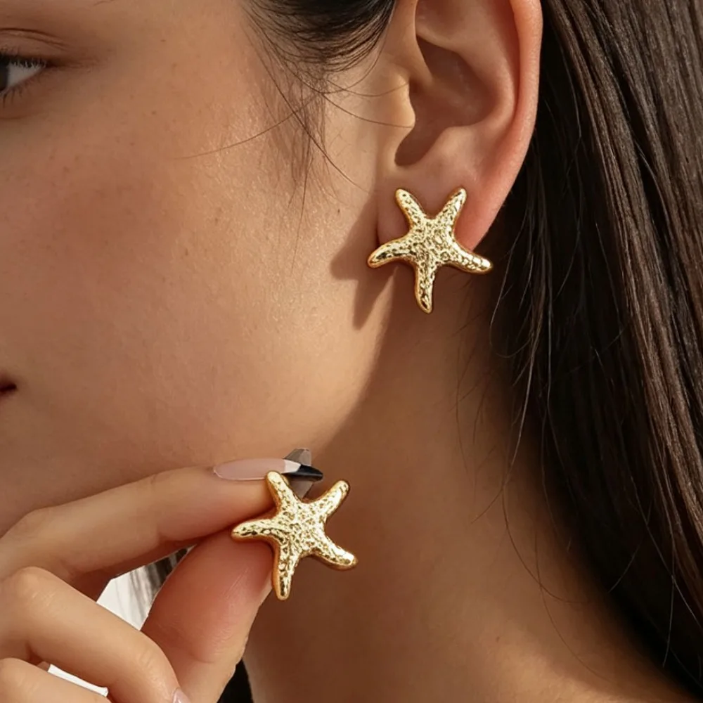 Women Asymmetric Ocean Starfish Shell Earrings Inlaid Imitation Pearl Zircon Fashion Ear Accessories Gifts
