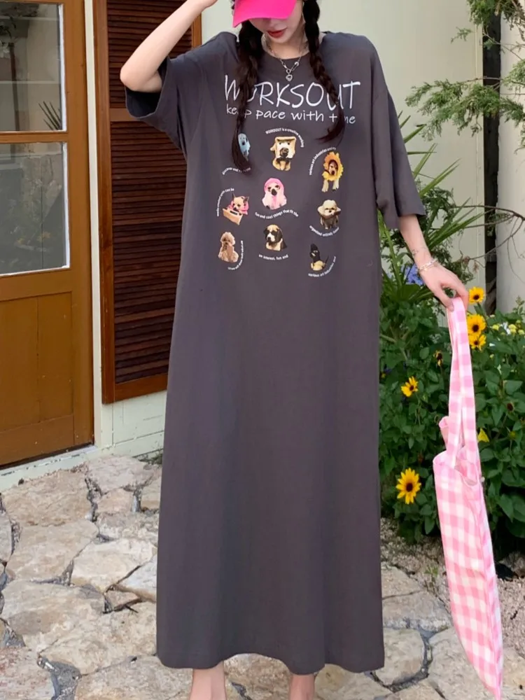 Oversize ฤดูร้อนพิมพ์การ์ตูน T เสื้อชุดยาวผู้หญิงเกาหลีแฟชั่นแขนสั้นหลวมชุดผู้หญิงสุภาพสตรีชุด Vestidos