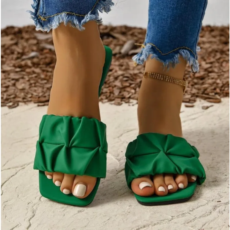 

Summer Slippers for Women Flip Flops Flats New Pleated Korean Slippers Women Sandals Green Slip on Shoes Plus Size 35-43