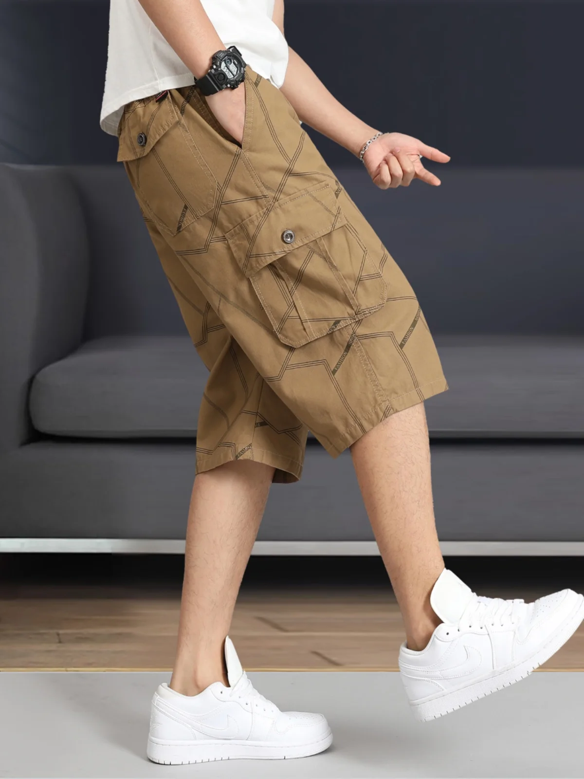 Verão fino casual solto em linha reta militar workwear orts masculino faionable calças de sete pés marca especial s multi-ket