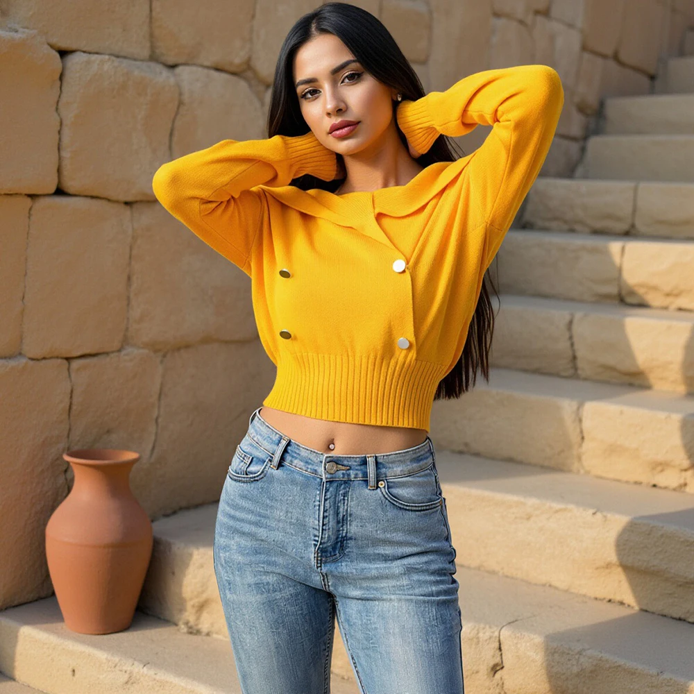 

Women's Cropped Knit Top Black Double-Breasted Design Notched Lapel Long Sleeve with Metallic Buttons Modern Elegant