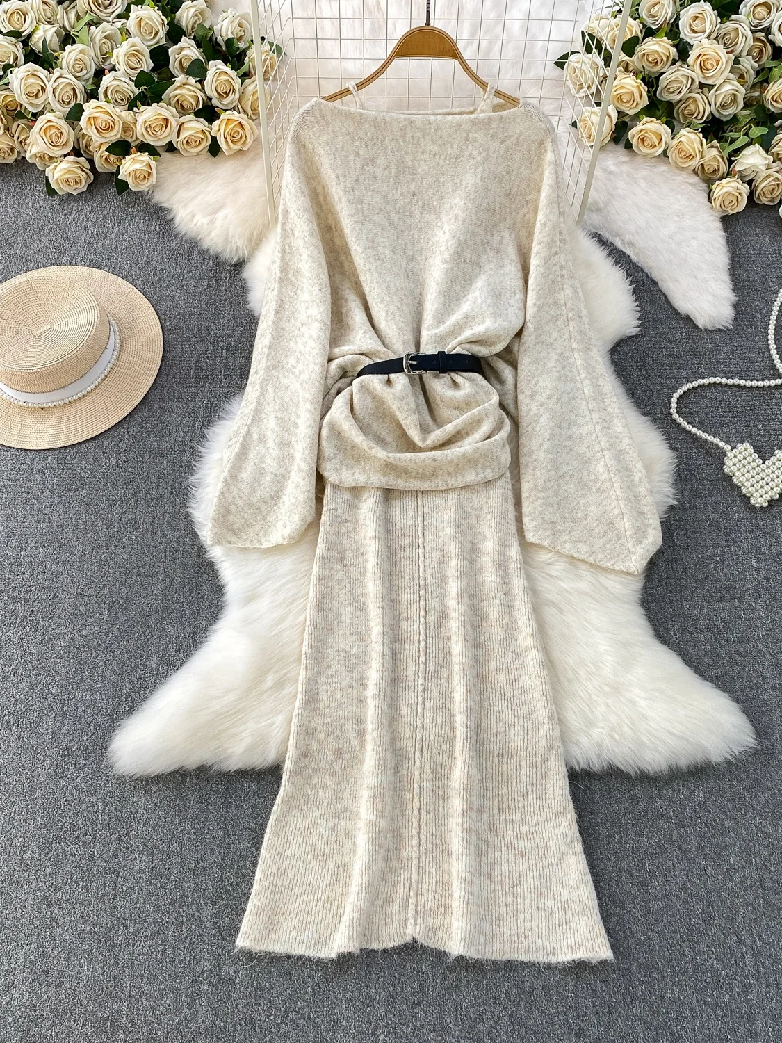 Autumn Winter Knitted Long Sve One oulder Waist Cinched Bell Sve Dr Two Piece Set Faionable Aosphere Sensation