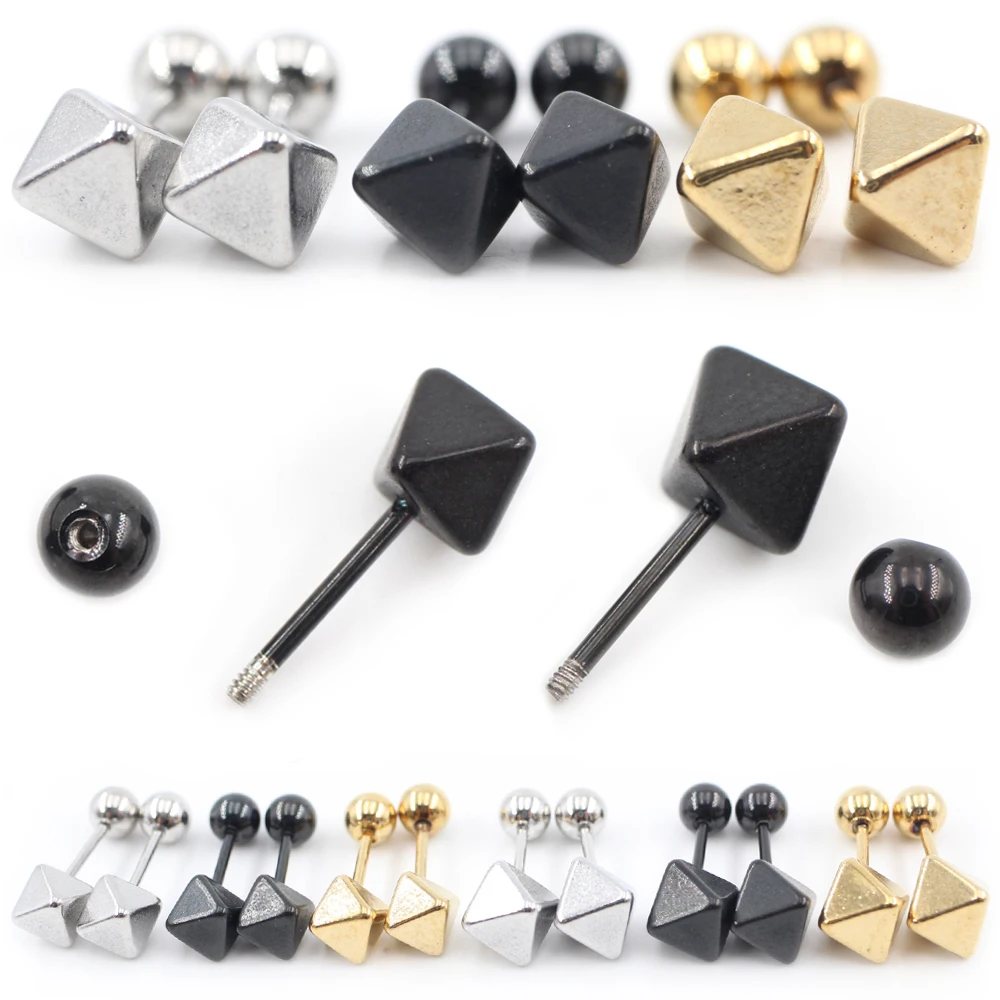 Alisouy 2PC Stainless Steel Triangle Pyramid Cone Threaded Barbell Unisex Women Men Ear Stud Earrings Cartilage Piercing Jewelry