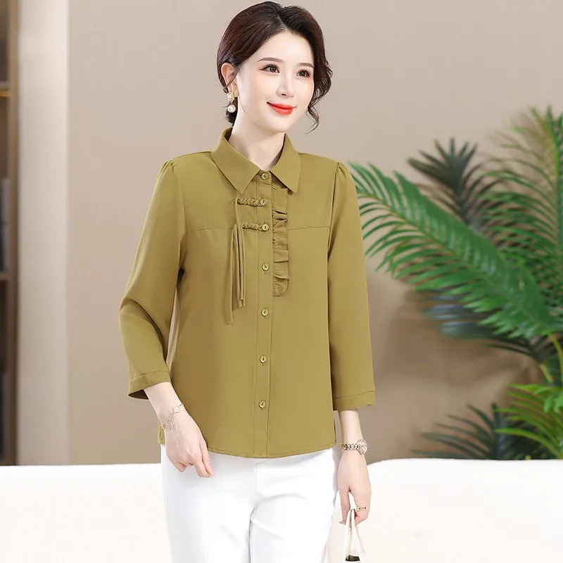 Commute Ruffles Spliced Pleated Blouse Spring Summer 3/4 Sleeve Women's Clothing Solid Button Single-breasted Loose Shirt