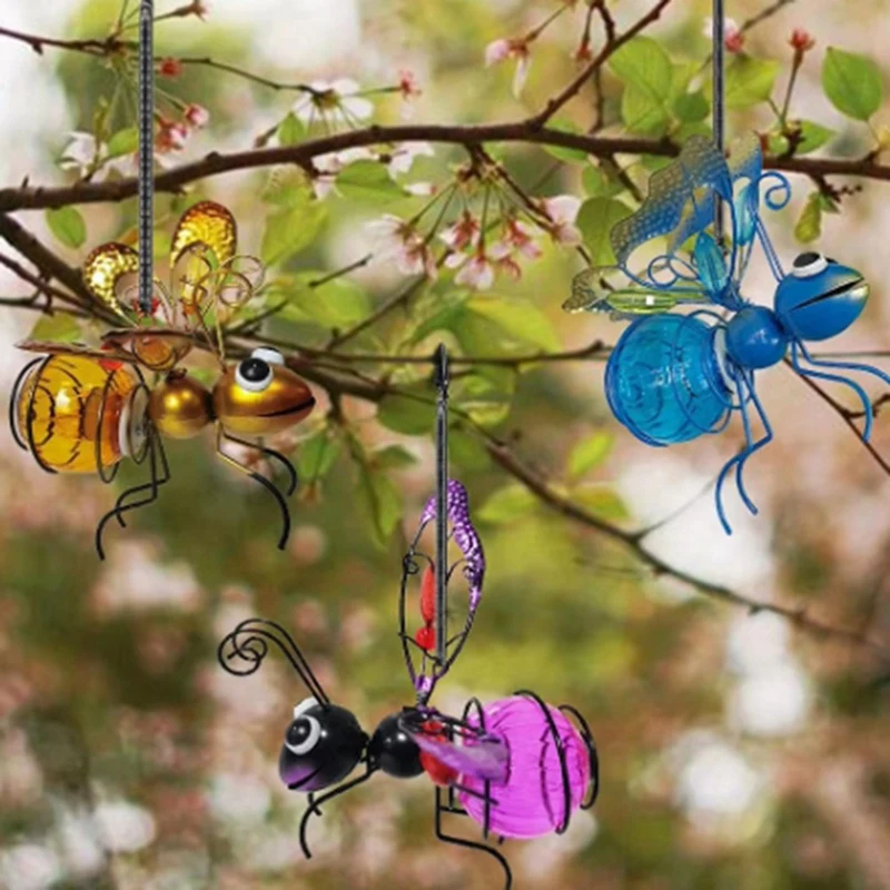 Солнечная железная статуя насекомых со светодиодным сказочным светом, уличное подвесное дерево, украшение для забора, двора, двора, сада, декора