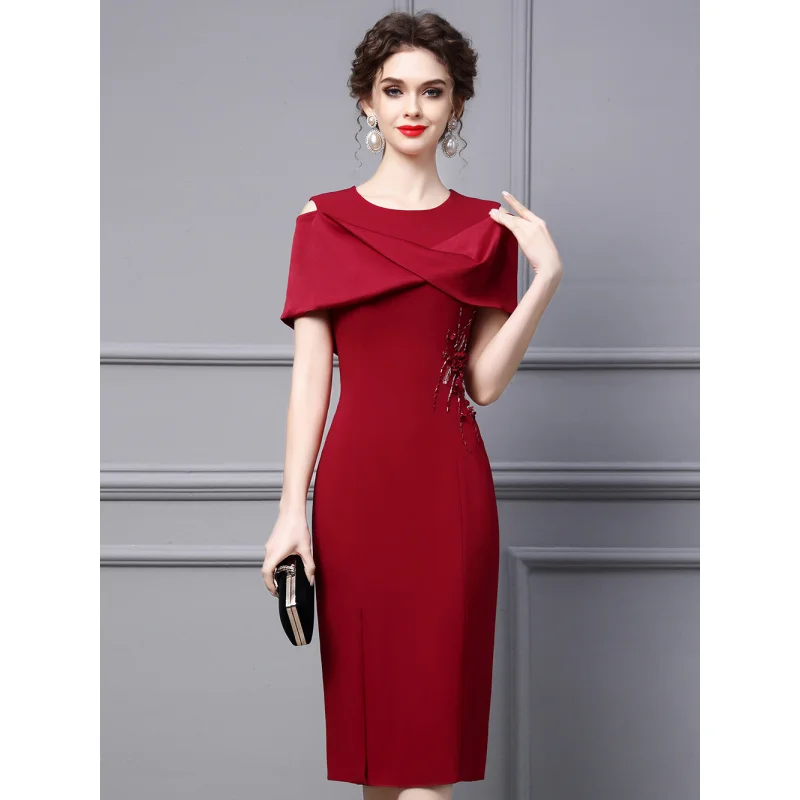 

Year Red Dress Women's Acetate Patchwork Waist- Slimming Midi Dress 2024 Spring and Summer New