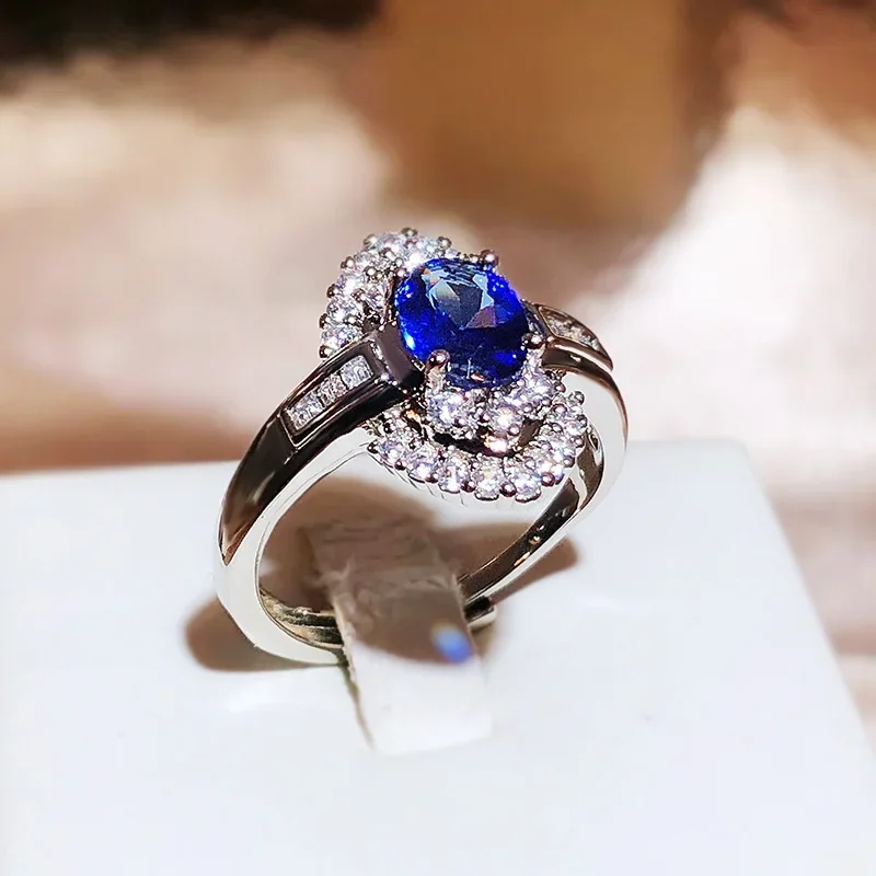 

Luxury Sapphire Oval Shape Full Diamond Blue 925 Sterling Silver Ring for Women Oval Geometric Valentine's Day Gift Jewelry