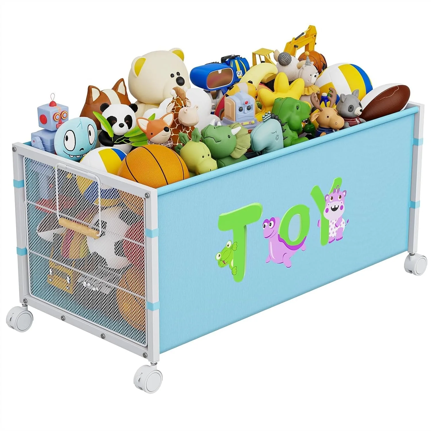 

Large Toy Box with Wheels, 120L Metal & Oxford Cloth Toy Chest with Wooden Handle for Bedroom, Living Room, Stuffed Toys