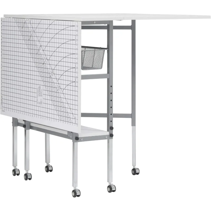 

Foldable Hobby and Cutting Grid Table - 58.75" W x 36.5" D White Arts and Crafts Table with Grid Top and Silver Storage Drawers