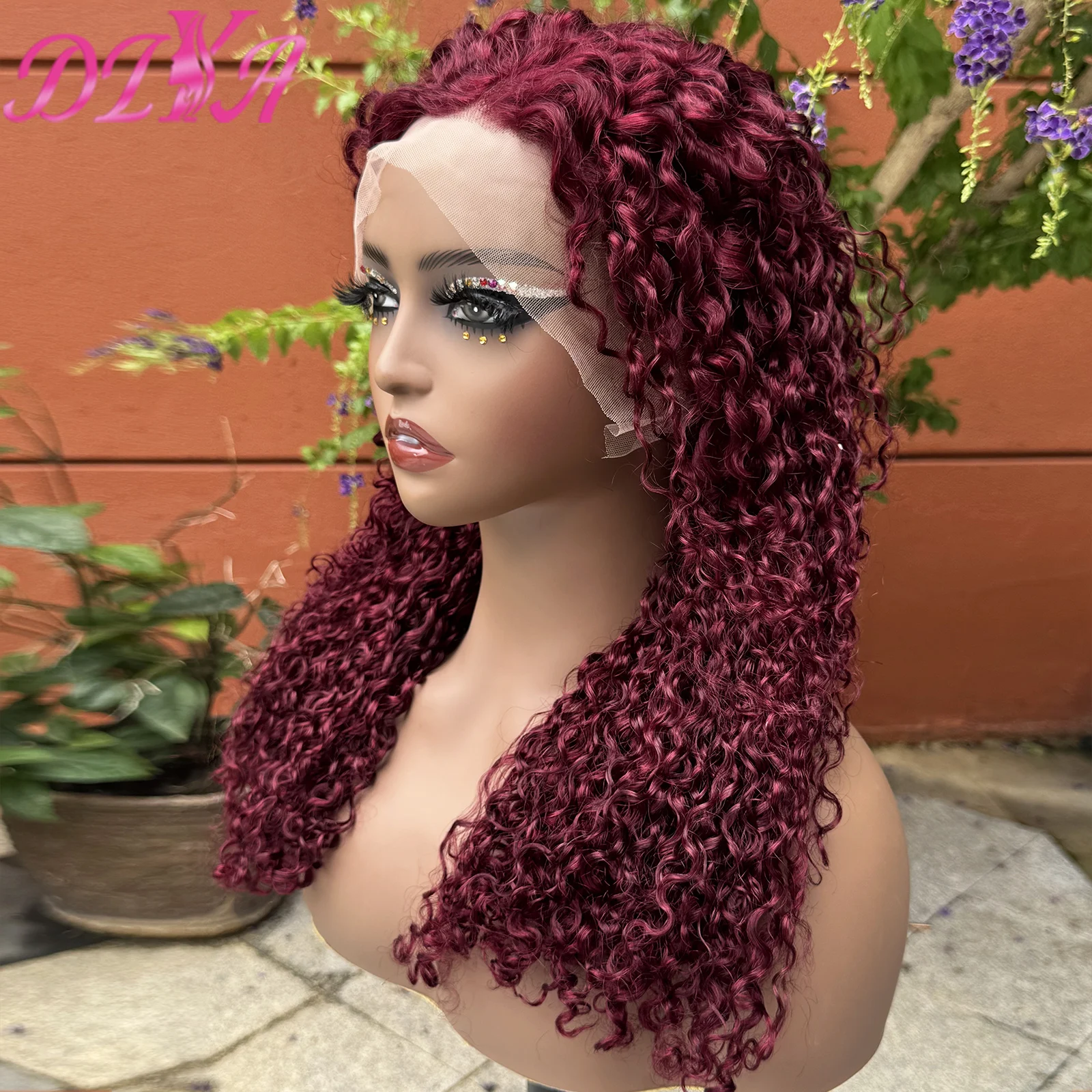 

300% Плотность Толстый Пикси Вьющийся Парик Человеческих Волос 99J Бордовый Бирманский Вьющийся Парик Для Чернокожих Женщин Предварительно Сорванный Парик Фронта Шнурка 13x4