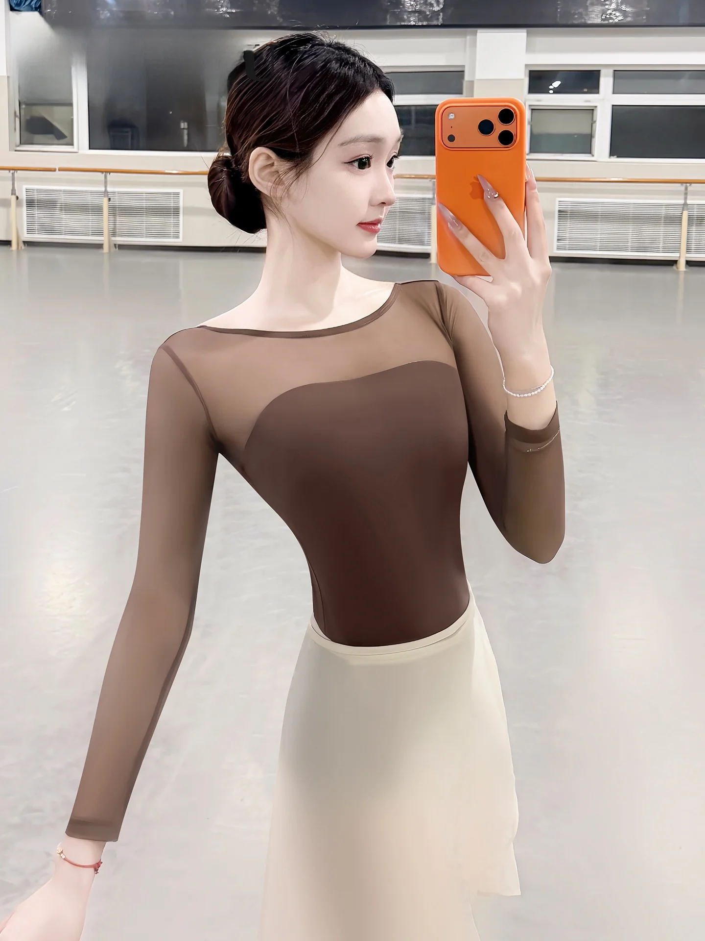 vonsu-traje-de-ballet-marron-con-malla-manga-larga-ajuste-delgado-uniforme-moderno-para-practica-de-ballet-falda-linea-a