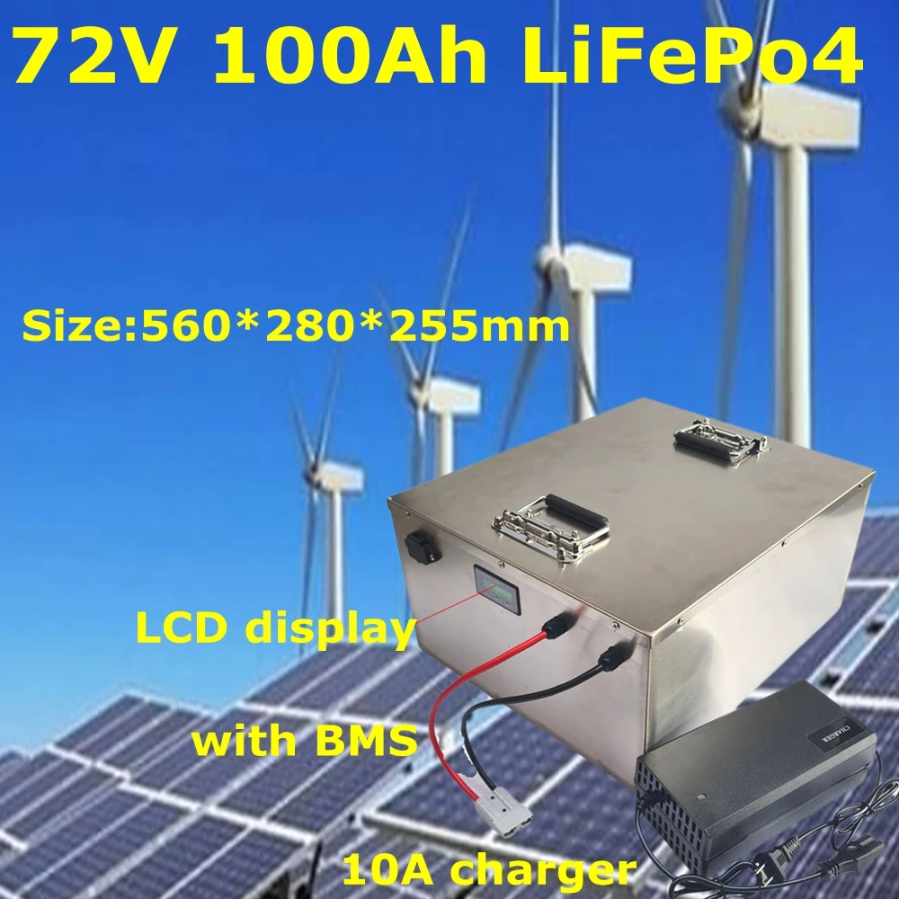 

Solar Energy Storage Lifepo4 Battery pack 72V100Ah with 24S 120A BMS 8000W for Scooer Hybrid Car Camper Auto + 87.6V10A Charger.