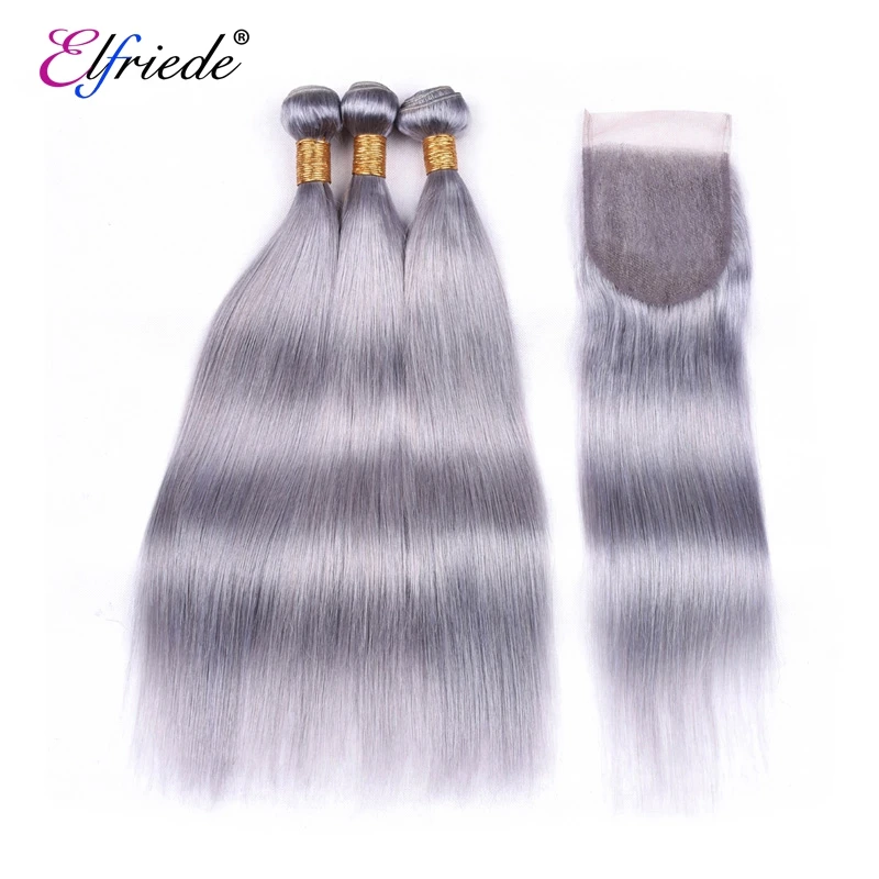 Elfriede #Grey Straight Hair Bundles with Closure Brazilian Remy Human Hair Wefts 3 Bundles with Transparent Lace Closure 4x4