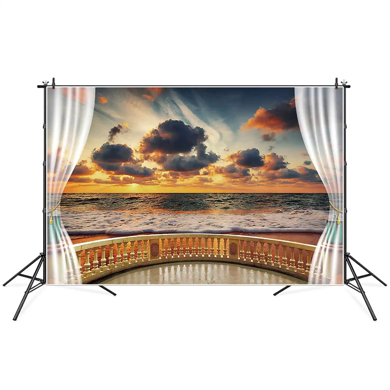 Lua. QG-Sunset Beach Wave Nuvens escuras, adereços de fotografia para adulto, motivos de aniversário masculino, oceano e beira-mar, cortina branca para festa