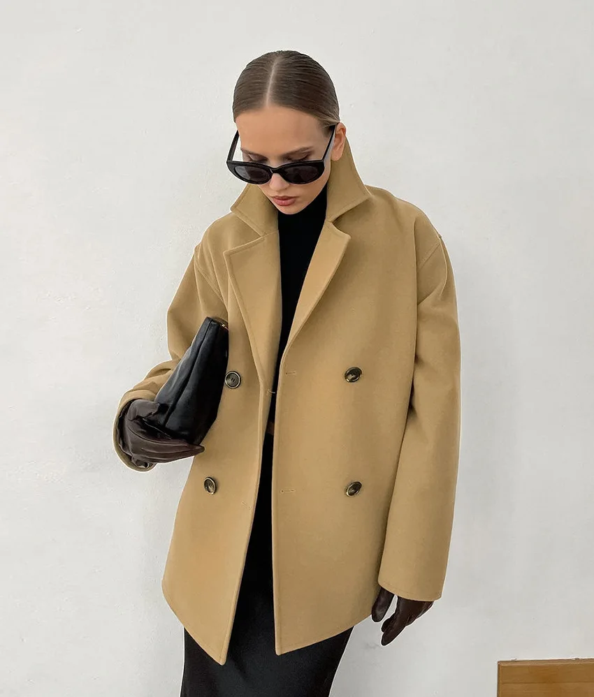 ZAROY Khaki Woolen Coat Autumn Winter Casual Loose Jacket Elegant Turn Down Collar Button Up Tweed Coat Outerwear куртка