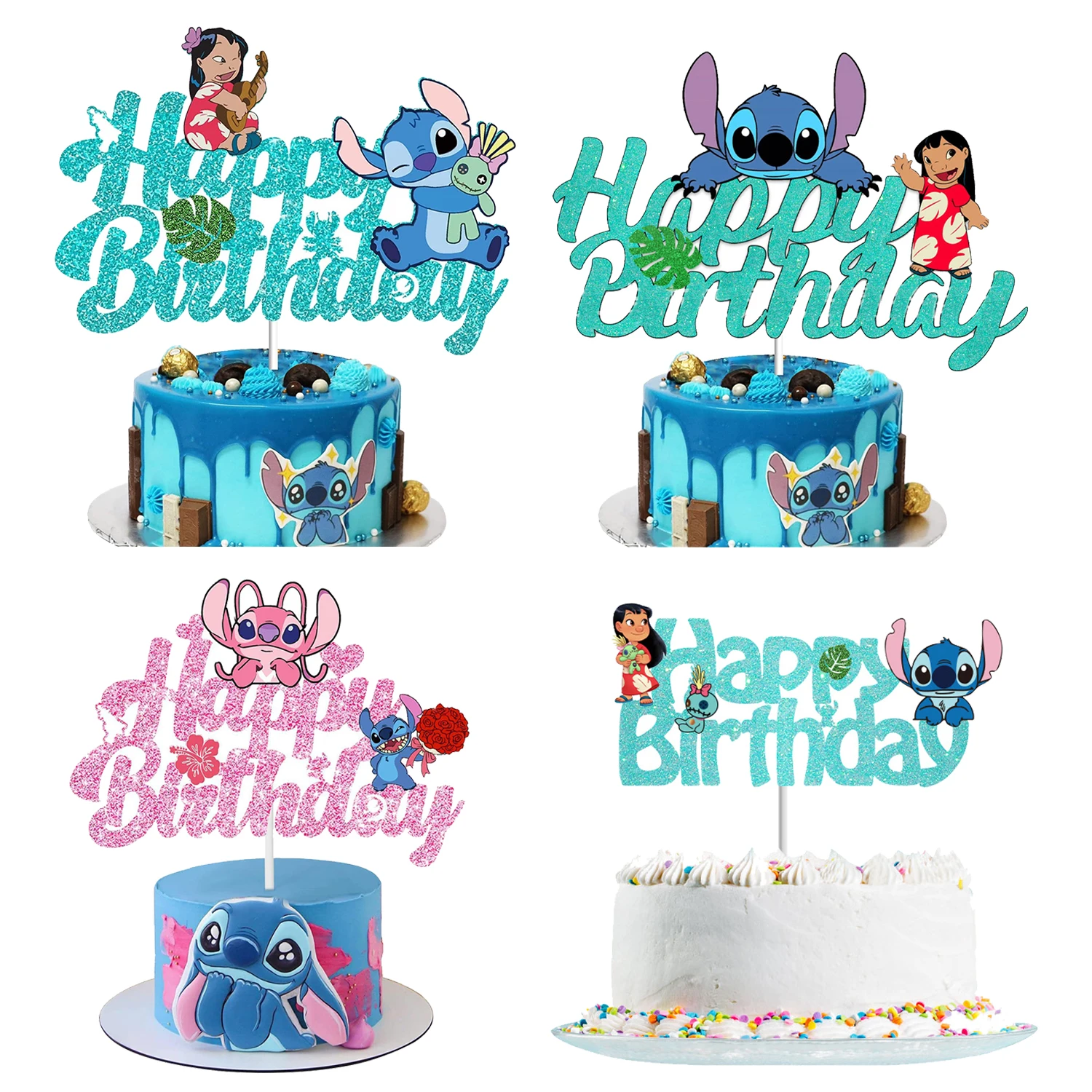 Cartoon Lilo Stitch Glitter Cake Cupcake Toppers Cake Flag Baby Shower Wedding Birthday Party Decoration Festive Party Supplies