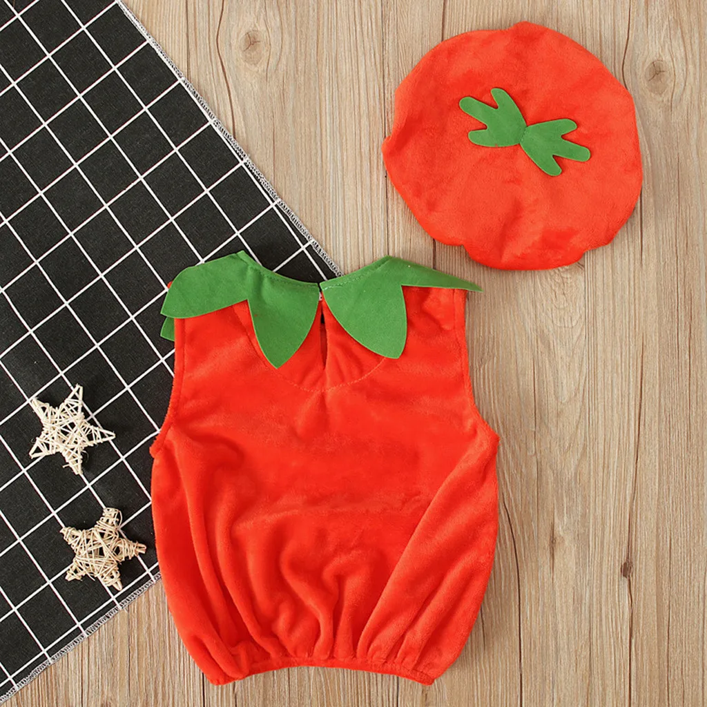 Halloween Costume Infant Sleeveless Jumpsuit Toddler Elastic One-Piece Velvet Onesie 0-5 Years Baby Pumpkin Romper with Hat Kids