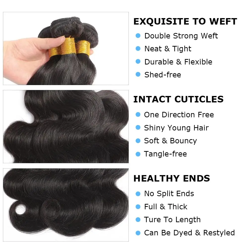 Bundles de cheveux humains Body Wave, tissage brésilien 100% non traité, 10A, 22 po, 24 po, 26 po, 3 faisceaux