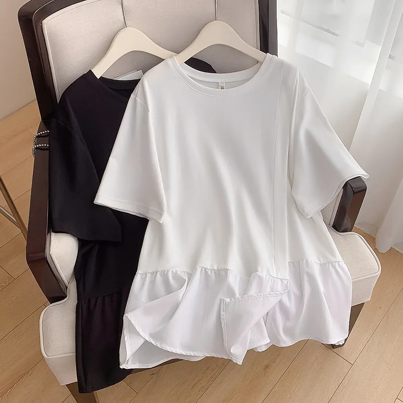 160Kg Plus Size Women\'s Bust 160 Summer Loose Round Neck Short Sleeve T-shirt Patchwork Top Black White 6XL 7XL 8XL 9XL 10XL