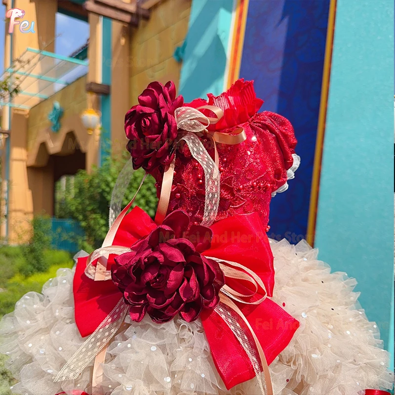 فستان الأميرة الفاخر من الدانتيل الأبيض النقي بذيل طويل للكلاب الصغيرة والمتوسطة، تنورة تصوير عصرية للحيوانات الأليفة مصنوعة يدويًا للكلاب