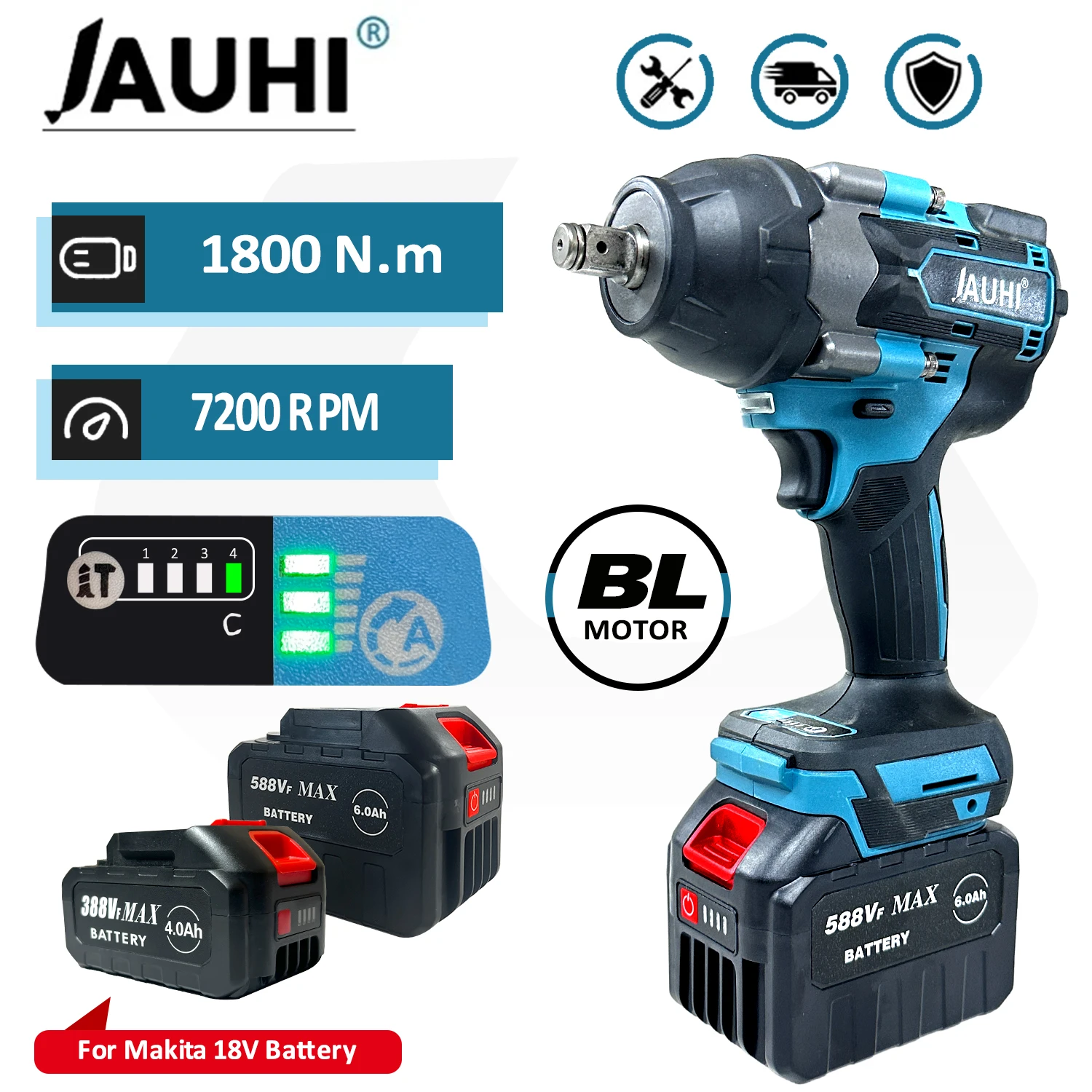 

JAUHI 1800N.M Torque Brushless Electric Impact Wrench For Trucks 1/2 inch Cordless Wrench Driver Tool For Makita 18V Battery