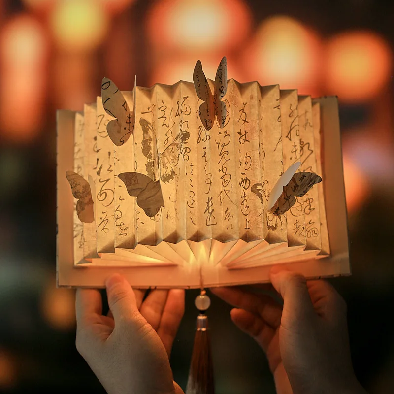 Diy Ancient Butterfly Calligraphy Book Lamp Chinese Style Paper Carving Desk Decor 3D Ambience Night Light Craft Gift