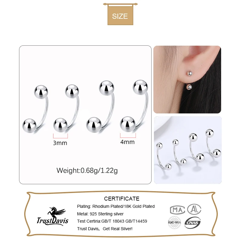 Trustdavis Real 925 Sterling Silver Fashion Charm double Beads Screw Stud Earrings For Women Wedding Party Fine Jewelry DA2347