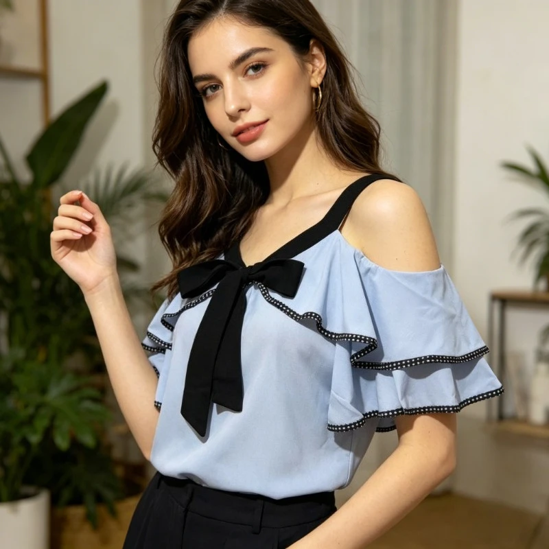 

New Summer Elegant Round Neck Off-the-Shoulder Women's Ruffled Sexy Shirt Fashion Casual Bow Short Sleeve Chiffon Blouse Top