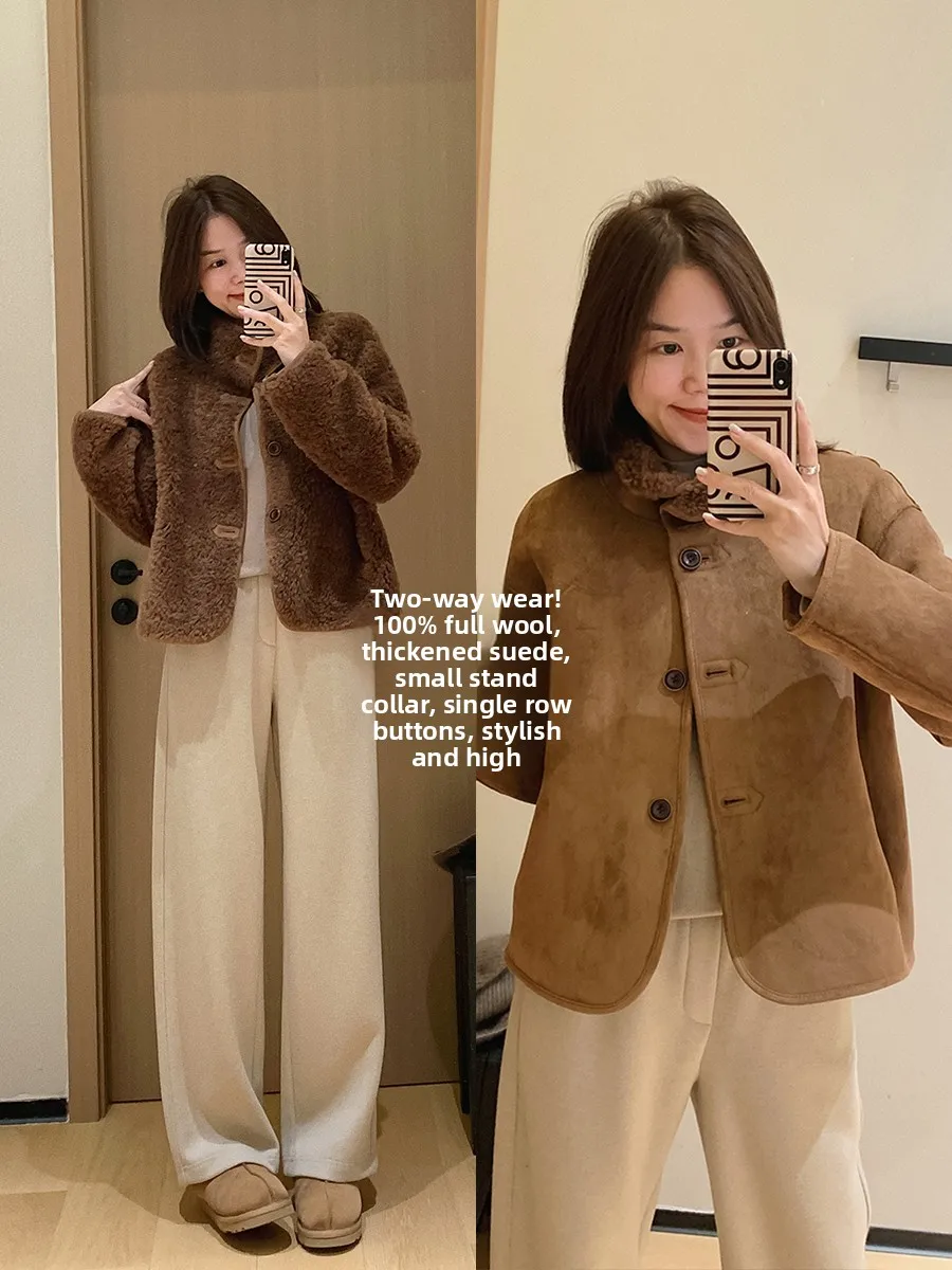 

Двусторонняя замшевая куртка для женщин, короткое пальто, теплое повседневное пальто из чистой шерсти с маленьким воротником и одной пуговицей