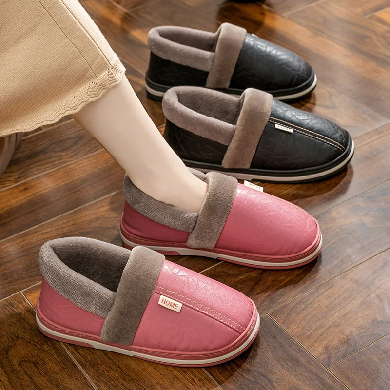 Men's & Women's Couple Full‑Cover‑Heel PU‑Leather Slippers, Autumn‑Winter Fleece‑Lined Plush Warm Thick‑Sole Anti‑Slip Indoor Co