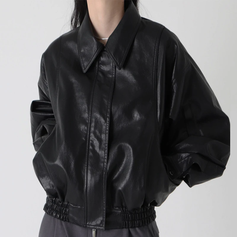 سترة نسائية أنيقة للربيع بتصميم عتيق فضفاض مع ياقة بسحاب وأكمام طويلة، متعددة الاستخدامات كسترة للدراجات النارية من الجلد الص...