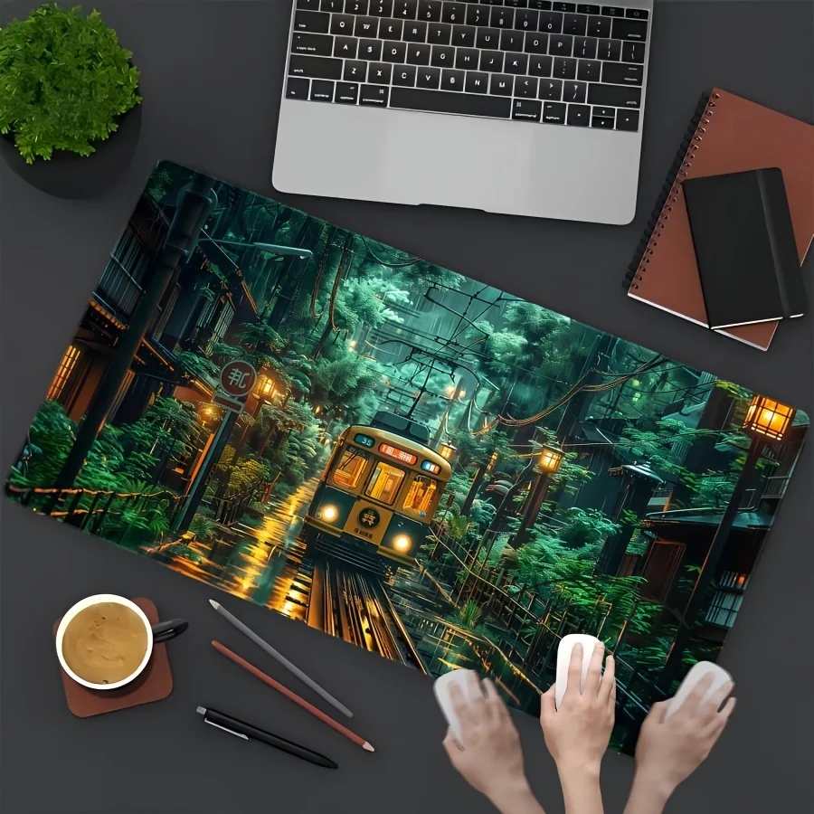 XXL 1pc Ultra-large High-definition Rainforest Train Pattern Mouse Pad, Stitched Edge, Anti-slip Rubber Base, Gaming Mouse Pads