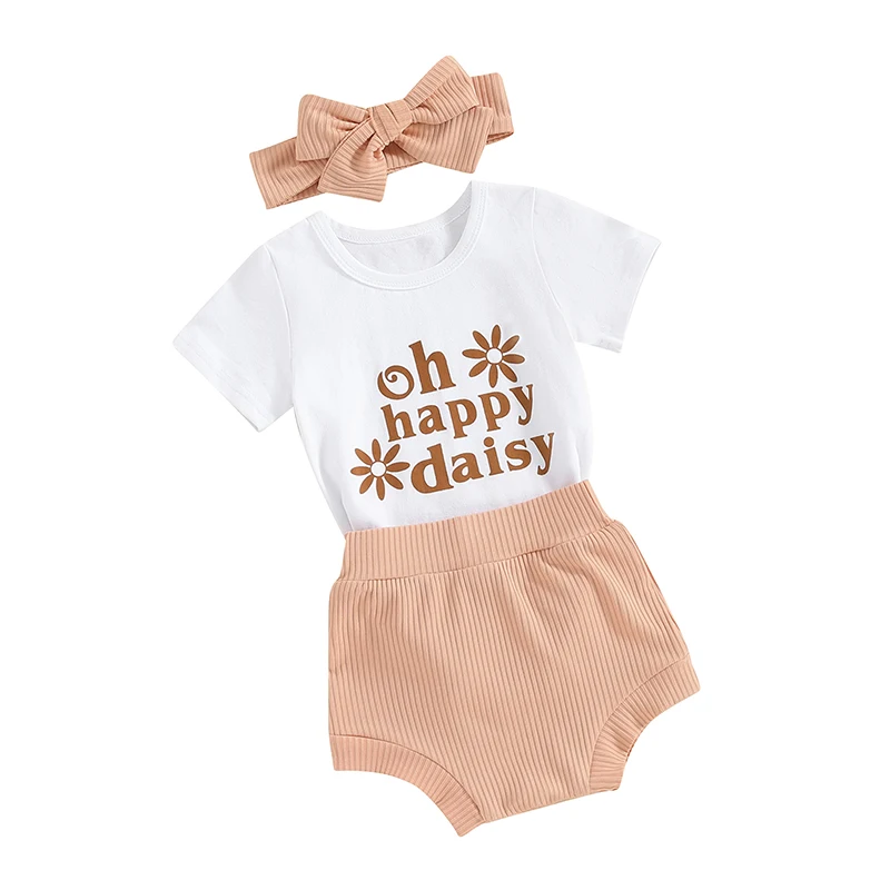 

Infant Baby Girl Summer Outfits Letter Flower Print Short Sleeve Rompers Shorts Headband 3Pcs Clothes Set