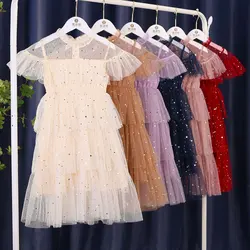 Summer Sequins Princess Lace Dress for Kids Girls Fashion Children Star Moon Print Party Clothes Korean Baby Tutu Dresses 8 12Y