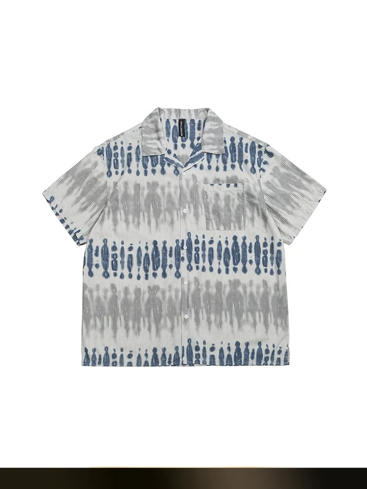 

American Retro Tie Dye Vertical Stripes Loose Short Sleeve Shirt Men Summer New Turn Collar Print Casual Shirt Cotton 100%