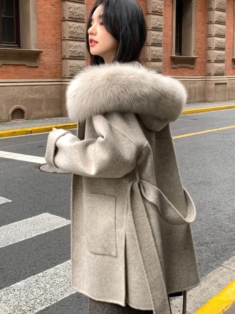 2025년 신상 가을 겨울 패션 후드 리얼 폭스 퍼 울 혼방 재킷 여성 상의 따뜻한 캐시미어 울 코트