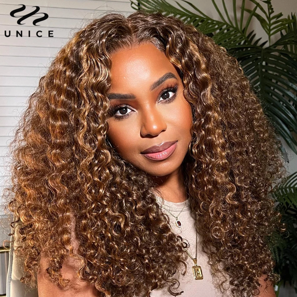 UNICE Hair Brown Highlight Curly Lace Front Wigs 13x4 Lace Frontal Human Hair Wigs Pre Plucked Lace Wigs for Women