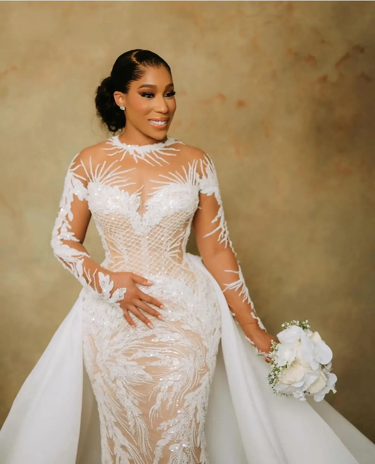 Customized Arabic Aso Ebi Plus Size Illusion Mermaid Ivory Wedding Dress Beaded Sequined Lace Bridal Gowns Dresses
