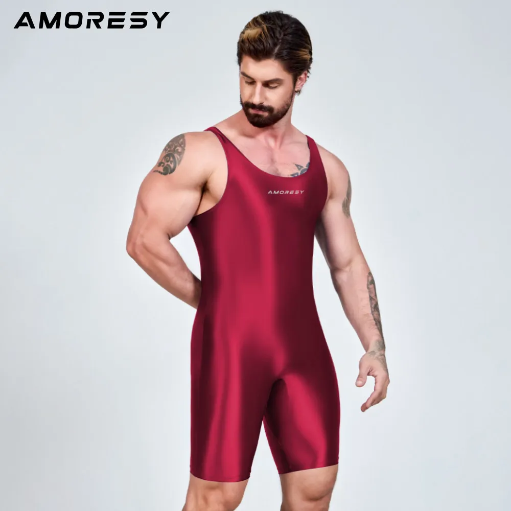 AMORESY Herren Sexy Glänzender, glatter Bodybuilder-Singlet, ärmellos, zum Laufen, Catsuits, Fitness, Yoga, Sport, Overall, Radfahren, einfarbig, eng anliegend – Detail 6